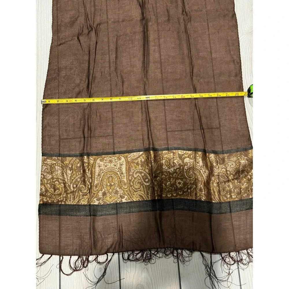 Brown Paisley Pashmina Shawl Gold Black Border Fringed Evening Wrap 67x22